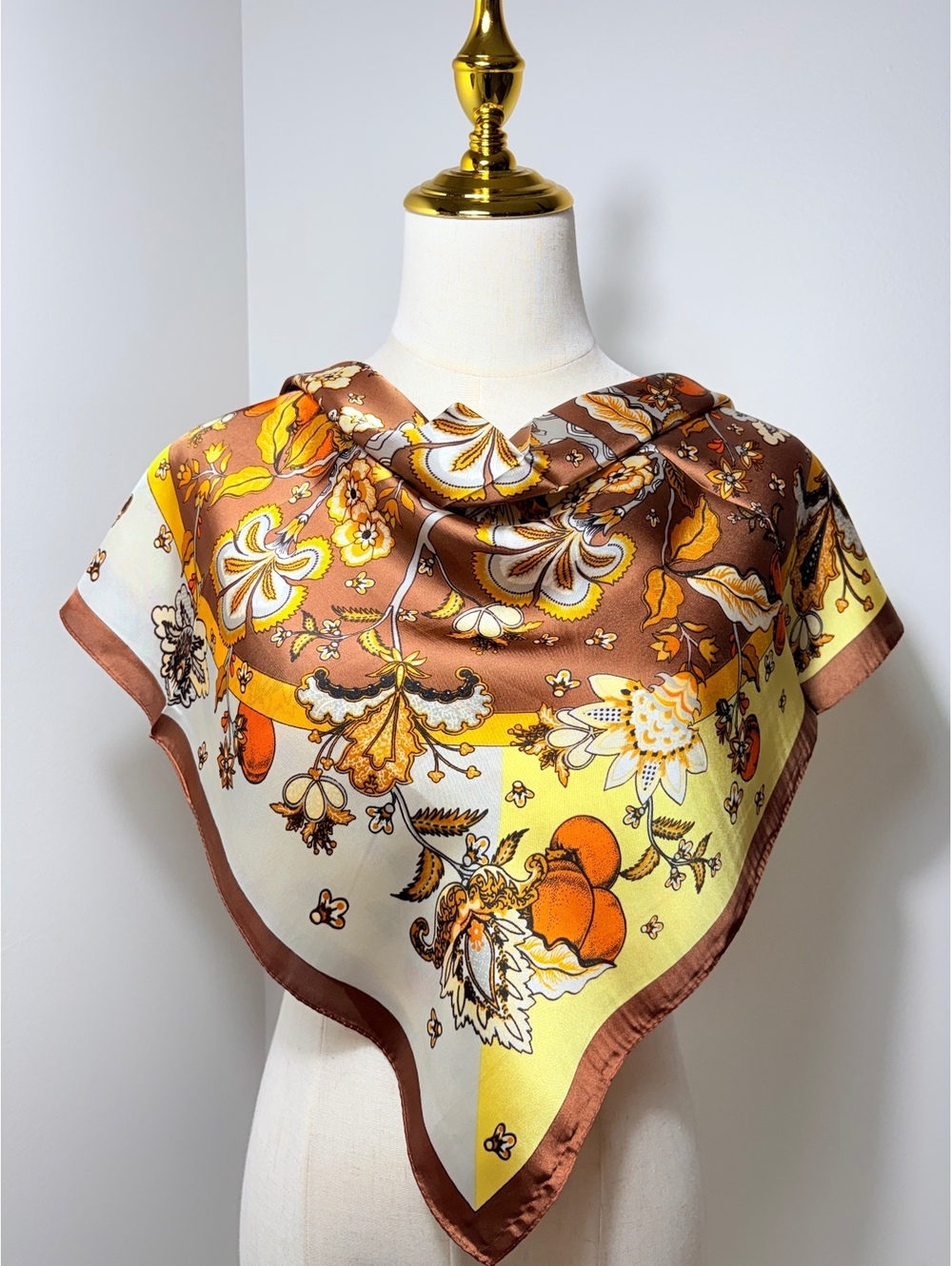 Vintage Floral Scarf in Brown, Yellow, and Orange with Botanical Print